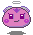 Pixelated pink character with purple accents, two expressions shown side-by-side on gray background.