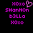 Pixelated pink text and a heart symbol on black background, with 'XOXO' at top and bottom, 'SHaNNoN' in middle-left, 'b3LLo' below it, and a pixelated heart to the right of 'XOXO'.