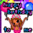 Pixelated icon shows a cartoon woman in pink holding 'HAPPY BIRTHDAY' banner with balloons, date 10-26-95 on black background.