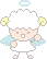 Pixel art angel character with white hair, yellow pigtails, blue wings, and halo in two animation frames showing different arm positions against gray background.