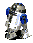 Pixelated figure in silver and blue armor with blue shoulder pads, white chest plate, and black lower body, shown in three sequential poses against gray background.
