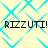 Pixelated text 'RIZZUTI! RIZZUTI!' repeated across a light yellow background with cyan diamond-shaped patterns.