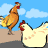 Pixelated image of two chickens against a blue sky with clouds, one standing on ground and the other partially visible.