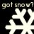 Pixelated white snowflakes on black background with repeated text 'got snow? got snow?' in light brown font.
