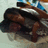 Pixelated static image shows a figure in dark clothing reclining on a light surface with brown and blue background elements.