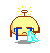 Pixelated yellow head with brown outline, blue tears, and light-blue cloth wiping face; top has small antenna-like structure with yellow sparkles.
