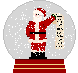 Santa Claus in red suit stands inside snow globe holding scroll, with white snow particles falling and red base visible.