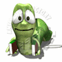 Green cartoon character with large eyes and a smile, holding brown-and-white objects in both hands.