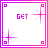 Pixelated icon with pink border and starbursts, displaying 'GET' text above changing lower text in a of four