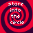 Four identical red and dark purple spiral patterns with white text reading 'stare into the circle' arranged in a on a solid red background