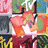 Pixelated static image shows a central figure with pinkish-orange hair and white clothing against a multicolored background of green, blue, red, yellow, and dark gray sections.