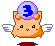Pixelated cartoon character with orange fur, white wings, and a purple sphere containing blue number 3 on its head.