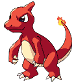 Red dinosaur-like creature with cream underbelly, yellow eyes, and flame on tail; three views show tail flame size and position changes.