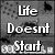 Black-and-white pixelated animation with text 'Life Doesnt Start Till the Season Starts' over a background of small dots and dark shapes.