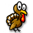 Animated cartoon turkey icon with brown body, yellow beak, red wattle, and white eyes in a 3x2 contact sheet of five frames showing slight pose variations.