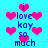 Pixelated cyan background with pink heart shapes and blue text reading "i love kay so much" arranged in vertical