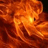 A pixelated fire animation with text overlays in four quadrants, showing swirling orange and red flames against a black background.