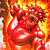 A pixelated red demon with glowing eyes and a muscular build, surrounded by orange-yellow flames against a dark background.