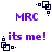 Pixelated purple text 'MRC' and 'its me!' alternates with black square-and-dot animation elements on white background.