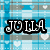 Blue and gray checkered background with white heart shapes, overlaid by stylized text reading "JUILLA AJRD EUNICE ARE MY DEELS" in black-outlined letters.