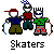 Pixel art of three figures with white faces, each holding a curved object; text below reads 'Skaters' in blocky font.
