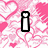 Pixelated pink and white heart pattern background with four black-outlined white text characters arranged in a