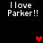 Black background with white pixelated text "I love Parker!!" repeated four times and three red heart symbols in different positions.