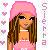 Pixelated icon of a person with long brown hair wearing a pink headband and pink top, surrounded by pink hearts on the left and vertical text on the right.