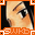 Pixelated close-up of a person's face with dark hair, framed by orange and gray borders containing repeated text elements.