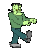 Pixelated green-skinned figure in a green shirt and blue pants performing sequential walking poses against gray background.