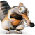 Pixelated cartoon animal with brown and white fur, black-tipped ears, and an open mouth showing a dark interior, standing on two legs against a white background.