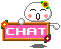 Pixel art character with closed eyes and open mouth holds pink 'CHAT' sign, flowers on head and frame.