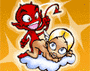 Red devil figure with horns and tail rides on cloud above child-like figure with halo, all against orange background.
