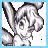 Pixelated character with large ears and white hair, wearing a dark outfit against light background.