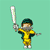 Pixelated character in yellow and green sports uniform holding cricket bat raised high, standing on light green background.