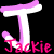 Four quadrants display stylized 'T' and 'Jackie' text in varying color schemes with pixelated rendering.