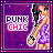 Pixel art contact sheet showing two frames of an animated buddy icon featuring a cartoon girl in a purple outfit with text "PUNK CHIC" on a purple background.