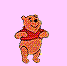 A cartoon bear in a red shirt appears in multiple poses against a light pink background, with visible pixelation and dot-matrix rendering.