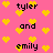 Pink background with yellow pixelated hearts and black text reading 'tyler', 'and', 'emily' in a repeating pattern.