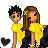 Pixel art contact sheet showing two animated characters in yellow outfits with a 'in love' text panel on the right, featuring a black heart symbol and yellow background.