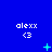 Blue background displays nine identical 'alexx <3' text icons with varying cyan pixel animations across three