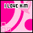 Four- pixel art with pink and white background, displaying sequential text additions: 'I LOVE HIM', then 'WAY.', then 'TOO.', then 'MUCH.'