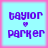 Four identical pixelated icons arranged in a , each displaying 'taylor parker' text with a heart symbol on light blue background bordered by pink