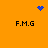 A static orange background displays four blue pixelated icons and black text reading F.M.G in a