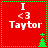 Red square icon with green dotted border containing white text 'I <3 Taytor' and a small green Christmas tree that shifts position across frames.