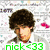 A pixelated image with two sections: top-left shows a person with curly hair and green text 'nick<33', bottom-left shows the same person wearing sunglasses with red text 'i love him!', right side has blue text 'he is soo hoff and' over pink heart shapes.