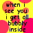 Yellow background with pink circular shapes and black text reading "when i see you i get all bubbly inside" repeated in a pattern