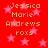 Red background with pink stars and repeated text "Jessica Marie Andrews roxs" in orange pixelated font across four identical sections.