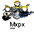 Animated pixel art of a cartoon character with yellow hair and white face, playing electric guitar against gray background.