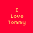 Red background with yellow text "I Love Tommy" in pixelated font, displayed across four variations of gradient and blur effects.